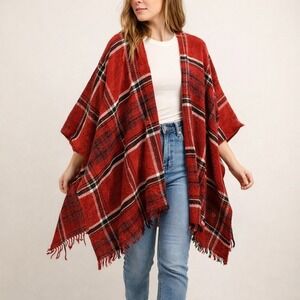 Nine West Overscale Plaid Chenille Topper Ruana Shawl Women's One Size